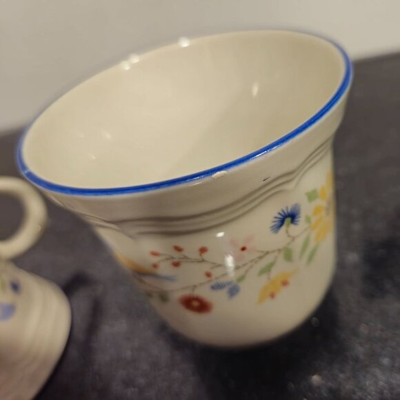 Vtg BrickOven Stoneware Mugs & saucer set 4pc Heritage Pattern Birds Flowers - Picture 5 of 11